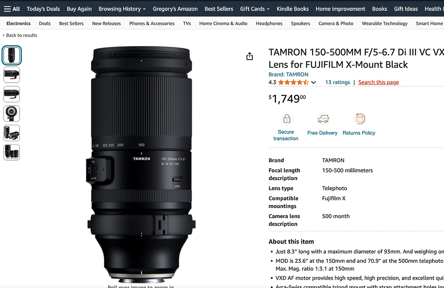 Image of a product page for a TAMRON 150-500MM F/5-6.7 DI III VC VXD lens for FUJIFILM X-Mount Black. Price is listed as $1,749.00. Features and specifications are detailed on the right side.