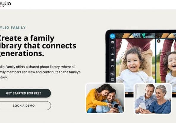 Advertisement for Mylio Family, showing a tablet with photos of family members. Text describes features of a shared photo library. Two buttons read "Get Started for Free" and "Book a Demo. Advertisement for Mylio Family, showing a tablet with photos of family members. Text describes features of a shared photo library. Two buttons read "Get Started for Free" and "Book a Demo.