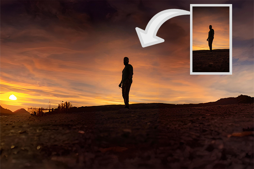Silhouette of a person standing outdoors at sunset, with an inset showing a zoomed-in view of the person.