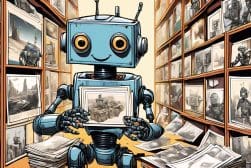 A cartoon robot with antennas holds a photo in a room filled with shelves of black-and-white robot pictures.