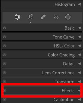 Screenshot of Lightroom's editing panel, showing various sections like Histogram, Basic, Tone Curve, HSL/Color, and Effects, which is highlighted in red.