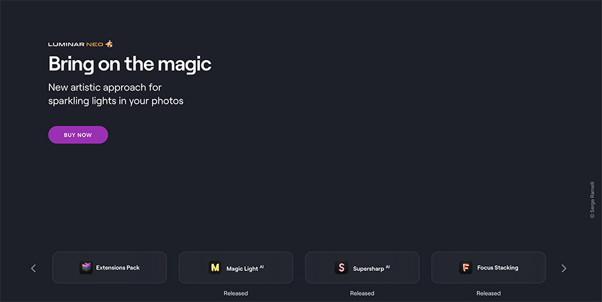 Luminar Neo promotional image highlighting "Bring on the magic" with options like Extension Pack, Magic Light, Supersharp, and Focus Stacking. "Buy Now" button is visible.