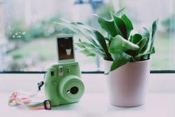 A mint green instant camera with a colorful strap beside a potted plant on a windowsill.