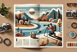 Illustrated magazine open to a nature scene with a photographer by a river; surrounded by cameras, lenses, glasses, plant, and color swatches on a brown surface.