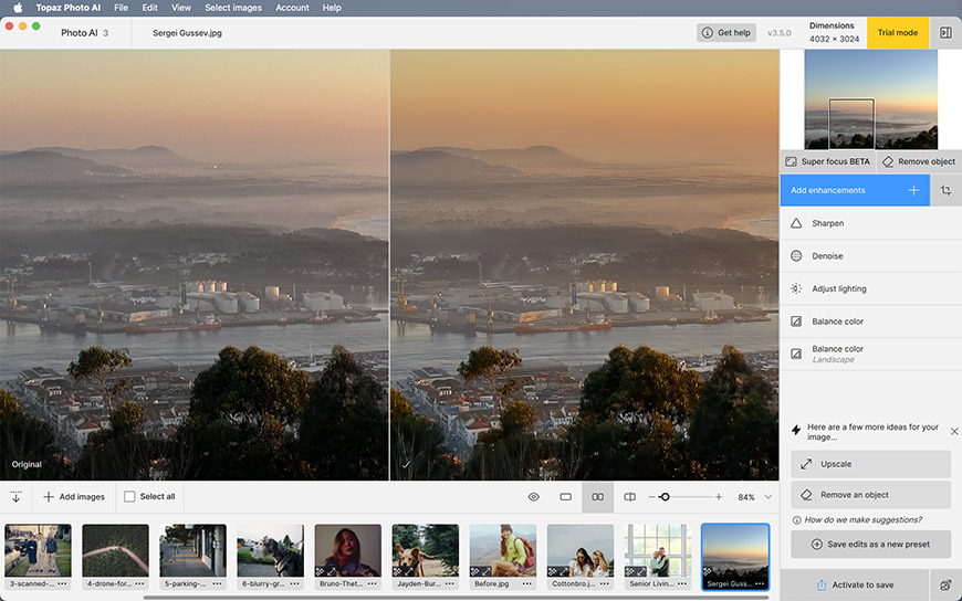 A photo editing software interface showing before and after images of a landscape with hills and industrial buildings. Options for adjustments and enhancements are visible on the right panel.
