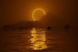 Annular solar eclipse over a tranquil water body with silhouetted mountains in the background.