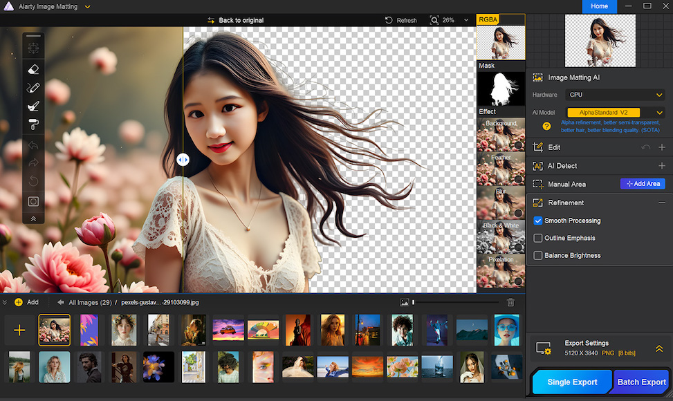 A photo editing software interface showing a young woman with flowing hair on the left and a transparent background on the right, with various editing tools and options on the screen.