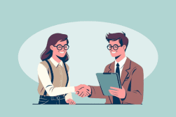 Illustration of a man and woman shaking hands, both smiling. The man is holding a clipboard and wearing a suit, while the woman is dressed casually in a shirt and suspenders.