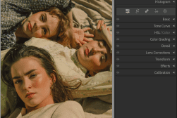 Three young adults lying on grass with their heads close together, two looking at the camera, with a photo editing interface overlay on the right.