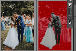 Side-by-side images show a bride and groom kissing with flower petals falling. Left image is in color with bridesmaids in blue dresses; right image is partially edited, with a red background and grayscale couple.